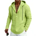 Camicia da uomo in lino verde lime con cappuccio e maniche lunghe stile casual - Verde mela