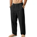 Premium men's loose linen casual pants with adjustable drawstring in solid black - S / Bottoms / Black