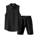 Conjunto de verano para hombre camisa sin mangas de lino negro y pantalones cortos - S / Top Y Pantalón / Negro