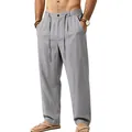 Comfortable mens light grey casual linen trousers featuring loose fit and drawstring waist - S / Bottoms / Gray