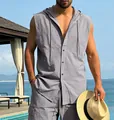 Detail of men's casual linen sleeveless hooded shirt in grey for summer beach wear. - S / Tops / Gray
