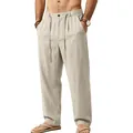 Men's loose linen trousers in light beige with drawstring waist and straight leg - S / Bottoms / Khaki