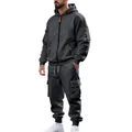 Men's stylish winter fleece zip-up hoodie and cargo pants sports set in charcoal gray - M / Top And Bottom / Dark Gray