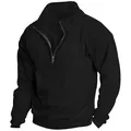 Close-up of black men's half-zip sweatshirt with stand collar and ribbed cuffs - S / Tops / Black
