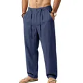 Stylish men's loose casual linen straight pants in navy blue featuring a drawstring waist - Navy Blue