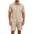 Vue détaillée de l'ensemble chemise et short d'été décontracté pour hommes avec jacquard - S / Haut Et Bas / Kaki