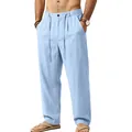 Men's loose light blue linen casual trousers with drawstring waist and straight leg - Light Blue