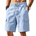 Pantalones cortos cargo de algodón y lino azul claro para hombre con cordón - Azul claro
