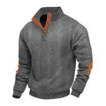 Close-up of men's gray cable-knit sweatshirt with orange collar and elbow patches - Dark Grey 2