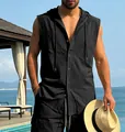 Detailed view of a black linen hooded sleeveless shirt for men featuring breathable fabric - S / Tops / Black