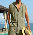 Casual olive green sleeveless linen hooded shirt for men, perfect for summer beach holidays - S / Tops / Army Green