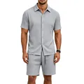 Détail d'un ensemble d'été gris pour homme avec chemise et short en jacquard texturé. - S / Haut Et Bas / Gris clair