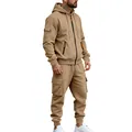 Detailed view of a men's khaki fleece-lined hooded tracksuit featuring side cargo pockets - M / Top And Bottom / Khaki