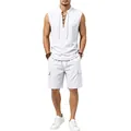 Vollansicht eines Herren-Sets aus weißem, ärmellosem Leinenhemd und Cargo-Shorts - S / Oberteil Und Unterteil / Weiß