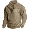 Detail view of khaki men's fleece sweatshirt with half-zip stand collar - S / Tops / Camel