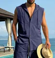 Detail shot of navy blue men's casual linen hooded sleeveless shirt with button front - S / Tops / Navy Blue
