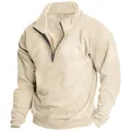 Men's cream fleece sweatshirt featuring a stand collar and half-zip design for casual style. - Apricot