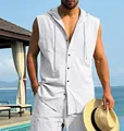 Detail showing the white linen texture and hooded design of this men's casual summer vest - S / Tops / White