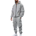 Full view of men's grey fleece-lined hooded tracksuit set with orange accents - M / Top And Bottom / Light Gray