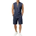 Men's navy linen lace-up sleeveless shirt and cargo shorts set for summer fashion - Navy Blue
