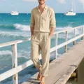 Close-up view of men's beige linen shirt and pants set worn on a sunny wooden beach pier - S / Top And Bottom / Khaki