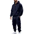 Detailansicht des marineblauen Fleece-Trainingsanzugs mit orangen Reißverschlüssen. - Marineblau