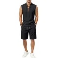 Vorderansicht Herren Set aus ärmellosem Leinenhemd mit Schnürung und Cargoshorts - S / Oberteil Und Unterteil / Schwarz