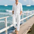 Men's casual white linen two-piece set with long-sleeved shirt and drawstring pants - S / Top And Bottom / White