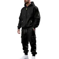 Men's winter black fleece hooded tracksuit with cargo pants and neon zipper details - M / Top And Bottom / Black