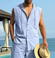 Men's casual linen hooded sleeveless shirt in light blue color for summer beach wear - S / Tops / Sky Blue
