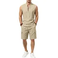 Vollansicht eines beigen ärmellosen Schnürhemds aus Leinen mit passenden Cargo-Shorts - S / Oberteil Und Unterteil / Khaki