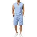Detailed view of men's blue linen sleeveless lace-up shirt and cargo shorts set - Light Blue