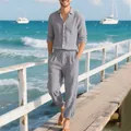 Men's grey linen casual long-sleeve shirt and trousers set worn on a seaside pier - S / Top And Bottom / Gray