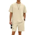 Gedetailleerd overzicht van beige vrijetijdsset voor heren met dambordpatroon textuur - S / Top en Broek / Khaki