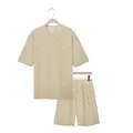 Men's casual short-sleeve two-piece set with textured checkered pattern - S / Top And Bottom / Apricot