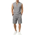 Gesamtansicht des grauen ärmellosen Herren-Leinenhemdes und der Cargo-Shorts im Set - S / Oberteil Und Unterteil / Grau