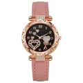 Elegante Damen-Roségolduhr mit rosa Lederarmband und glitzerndem Herz-Zifferblatt - Rosa