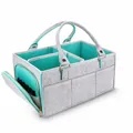 Detailansicht der großen Filz-Windeltasche mit türkisem Futter und Größenangaben - Graublau Einfassung Seitentasche Reißverschluss(24) / 33x23x18cm / Graublau