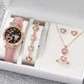 Women's elegant pink leather strap watch with matching heart jewelry set displayed in box - One Size / Balloon Heart Jewelry Series (6-Piece Set) / Pink
