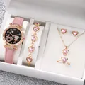 Women's elegant pink leather strap watch with matching heart jewelry set displayed in box - One Size / Balloon Heart Jewelry Series (6-Piece Set) / Pink