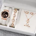 Elegant 6-piece ladies' rose gold heart jewelry set with white leather strap watch - One Size / Balloon Heart Jewelry Series (6-Piece Set) / White