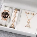 Elegant 6-piece ladies' rose gold heart jewelry set with white leather strap watch - One Size / Balloon Heart Jewelry Series (6-Piece Set) / White
