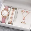 Elegant 6-piece set including pink leather strap watch and heart-shaped jewelry with pink crystals - One Size / White Starfish Jewelry Series (6-Piece Set - Inschic) / Pink