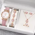 Elegant 6-piece set including pink leather strap watch and heart-shaped jewelry with pink crystals - One Size / White Starfish Jewelry Series (6-Piece Set - Inschic) / Pink