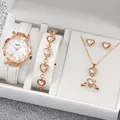 Women's watch and heart jewelry set with white leather strap and shiny crystal accents - One Size / White Starfish Jewelry Series (6-Piece Set - Inschic) / White