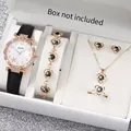 Elegant 6-piece rose gold watch and heart jewelry gift set with black leather strap - One Size / White Starfish Jewelry Series (6-Piece Set - Inschic) / Black