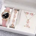 6-piece women's jewelry watch set with pink hearts and crystals - One Size / Black Starfish Jewelry Series (6-Piece Set) / Pink