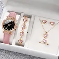 6-piece women's jewelry watch set with pink hearts and crystals - One Size / Black Starfish Jewelry Series (6-Piece Set) / Pink