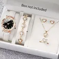 Elegant 6-piece rose gold jewelry set with white leather strap watch and hearts - One Size / Black Starfish Jewelry Series (6-Piece Set) / White