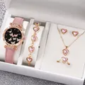 Fashionable pink leather strap women watch and heart jewelry set with rose gold accents - One Size / Multi-Butterfly Jewelry Series (6-Piece Set) / Pink